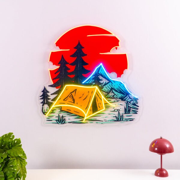 Camping Under Red Moon LED Neon Sign Light Pop Art - Image 2