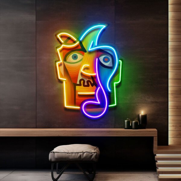 Square Face Man Portrait Painting Abstract Art LED Neon Sign Light Pop Art - Image 2
